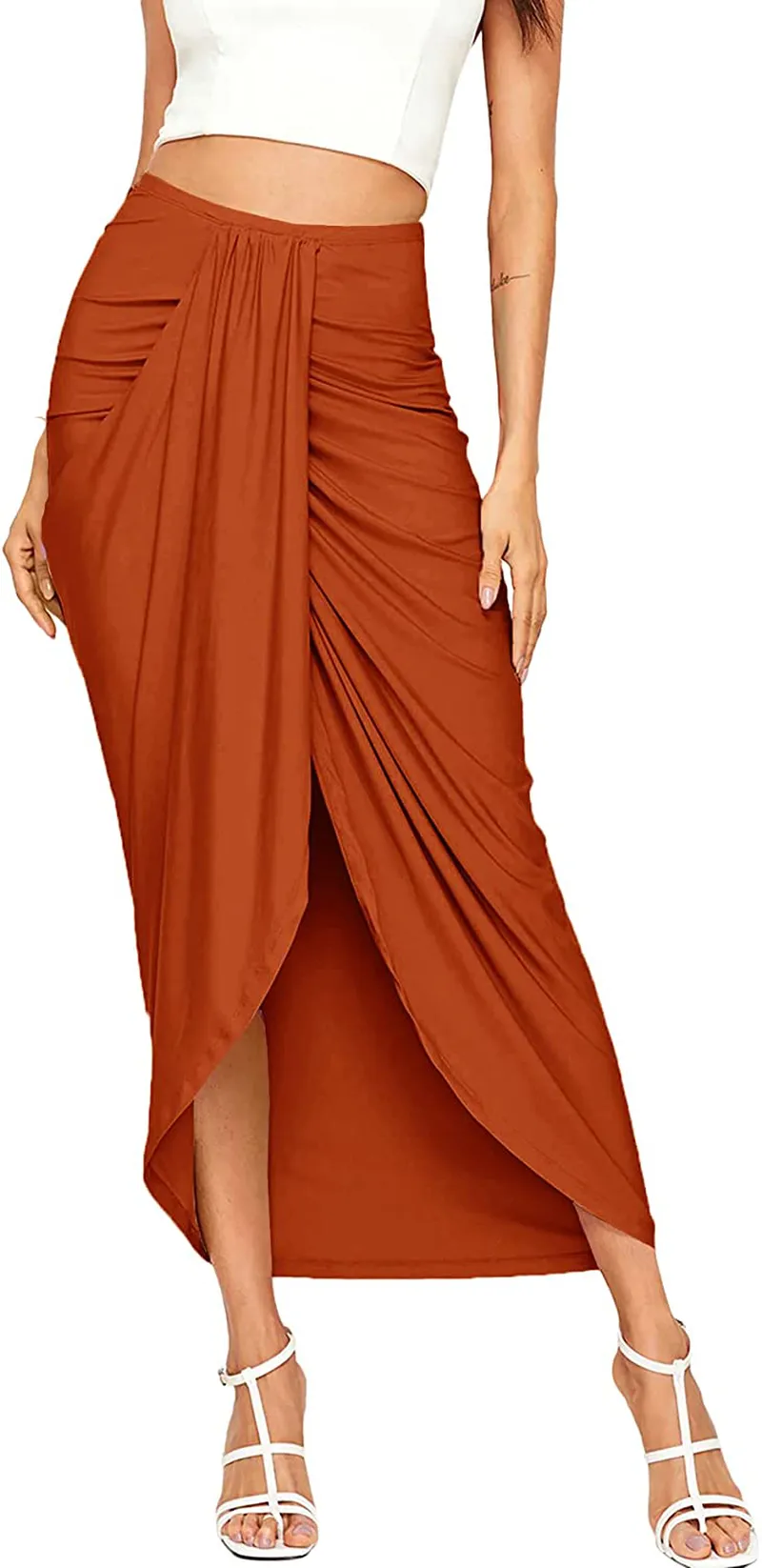 SheIn Women's Casual Slit Wrap Asymmetrical Elastic High Waist Maxi Draped Skirt