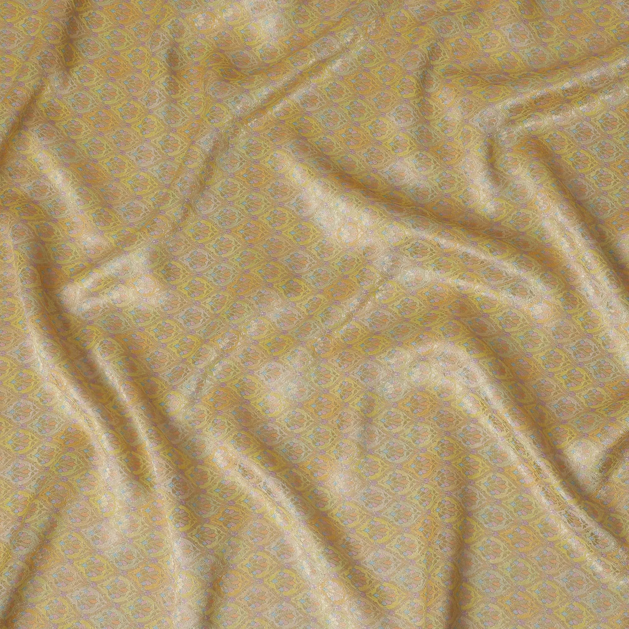 Silk Brocade Fabric with Pastel Yellow and Gold Floral Design, 110 cm Width, Indian Origin-D19752