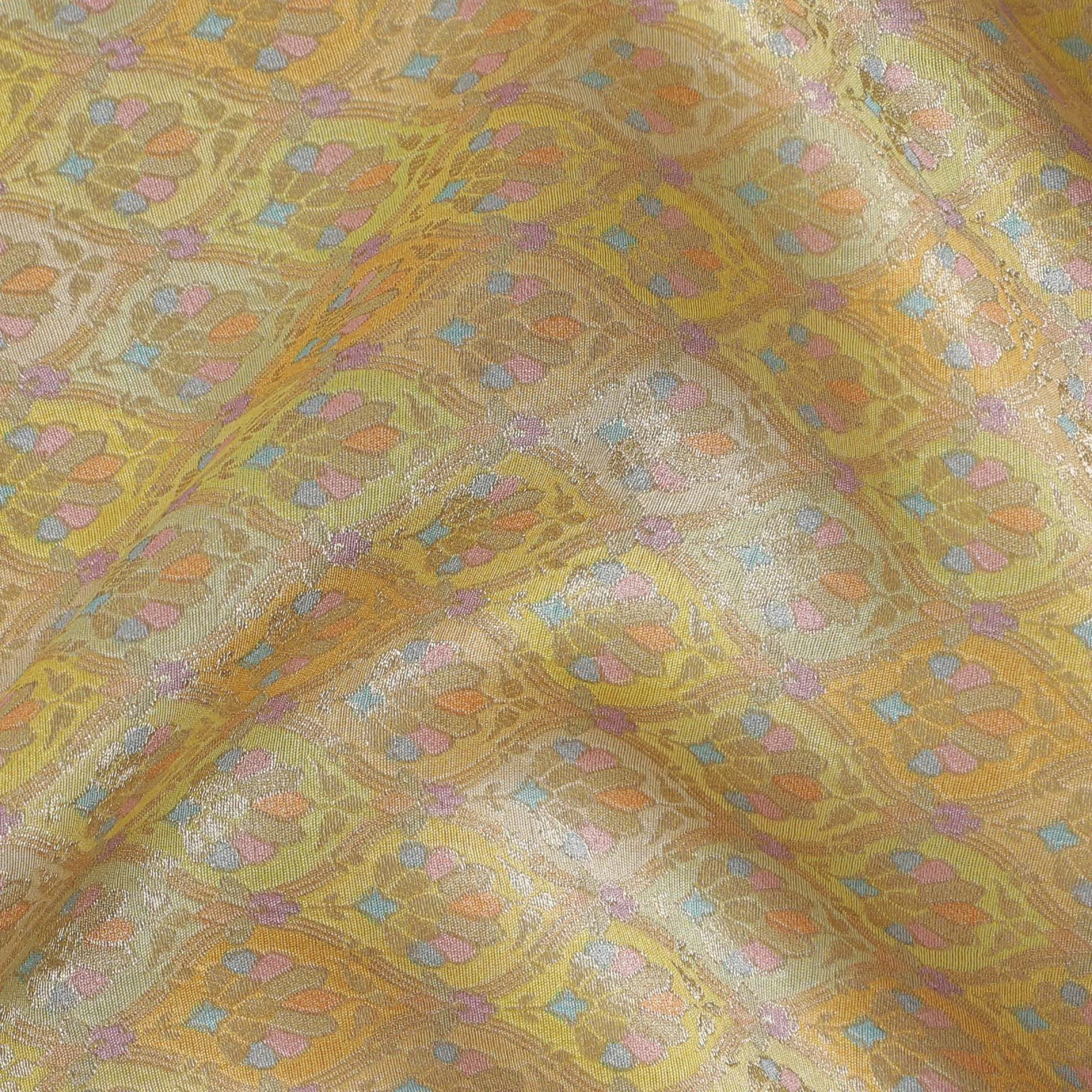 Silk Brocade Fabric with Pastel Yellow and Gold Floral Design, 110 cm Width, Indian Origin-D19752