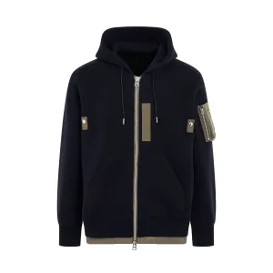 Sponge Sweat x Nylon Twill Zip Hoodie in Navy