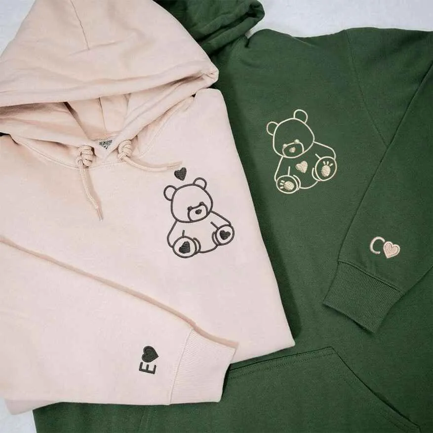 Teddy Bear Couple Sweatshirts - Personalized Embroidered Hoodies For Couples