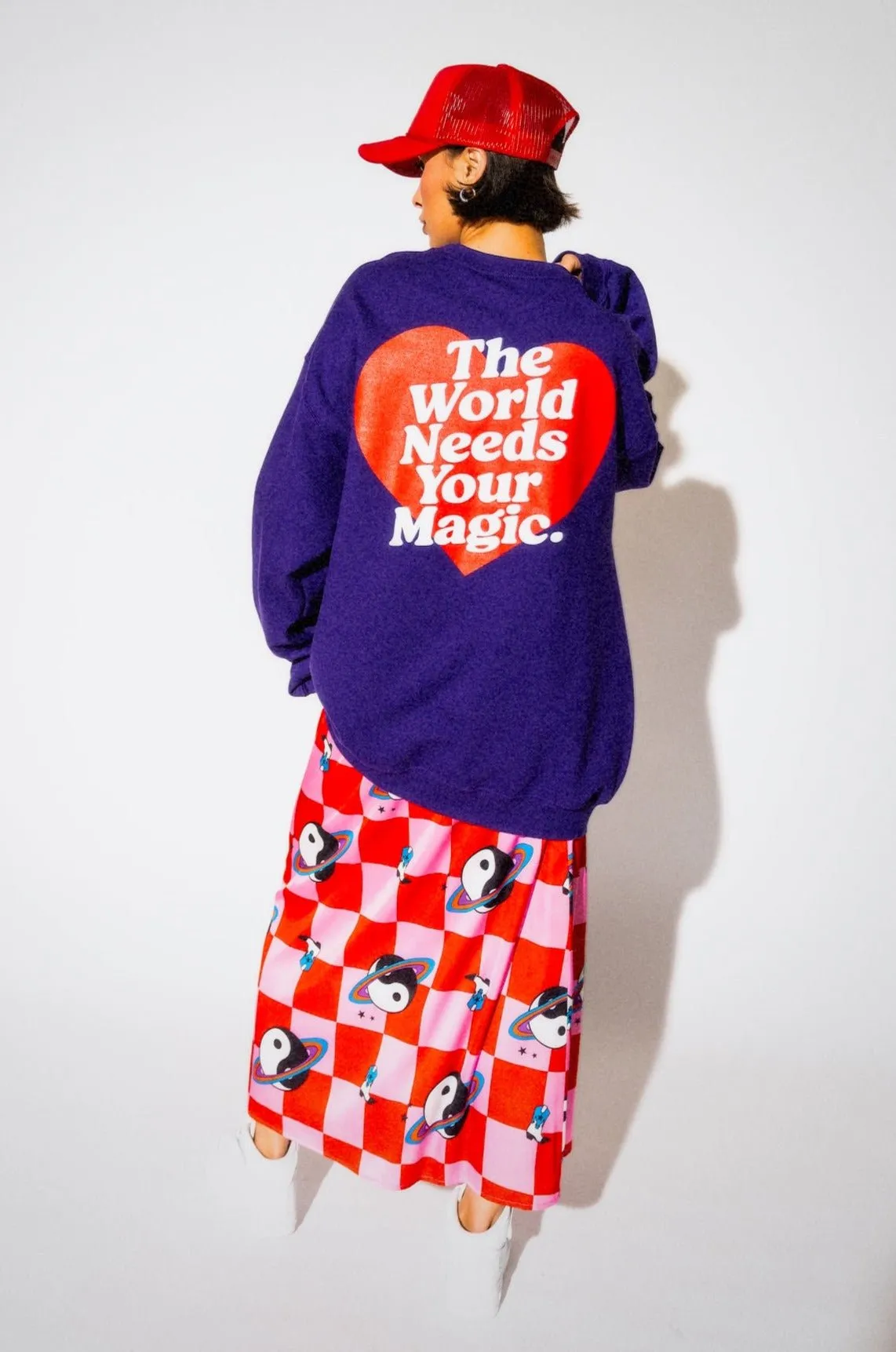 The World Needs Your Magic Heart Puff Print Pullover in Grape Soda