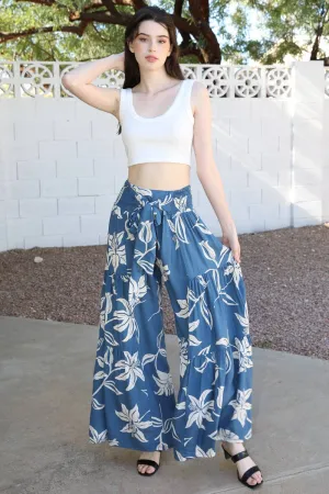 Tropical Wide Leg Pants with Tie Waist, triple tier flowy and classic