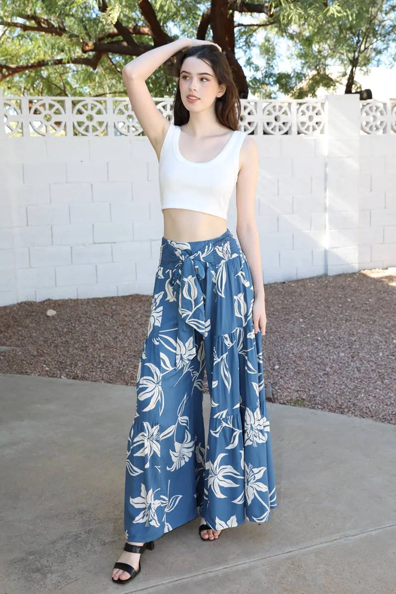 Tropical Wide Leg Pants with Tie Waist, triple tier flowy and classic