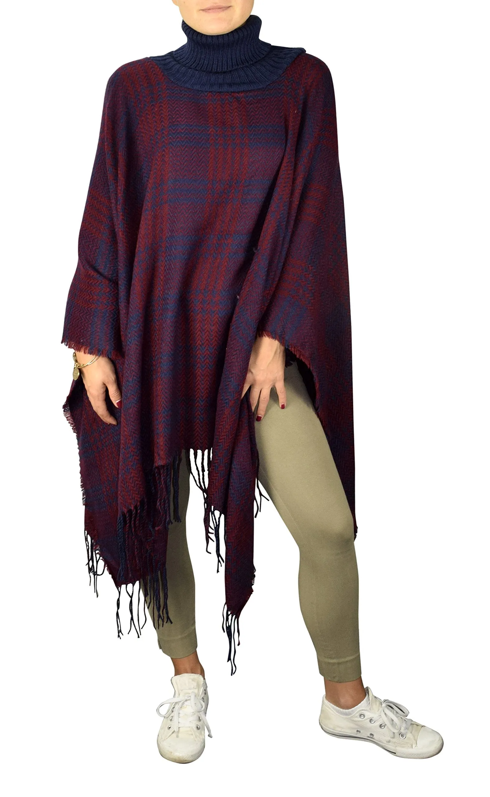 Turtle Neck Checkered Winter Poncho Sweater Pullovers With Fringes