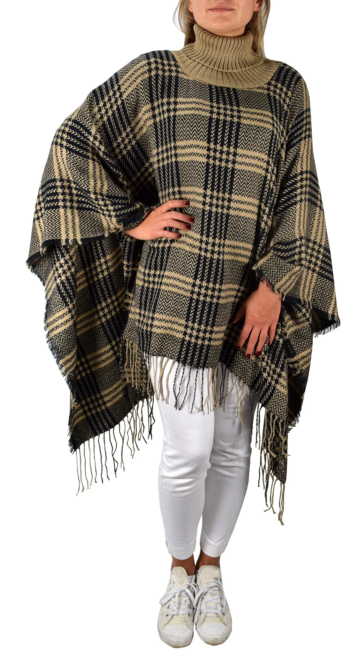 Turtle Neck Checkered Winter Poncho Sweater Pullovers With Fringes