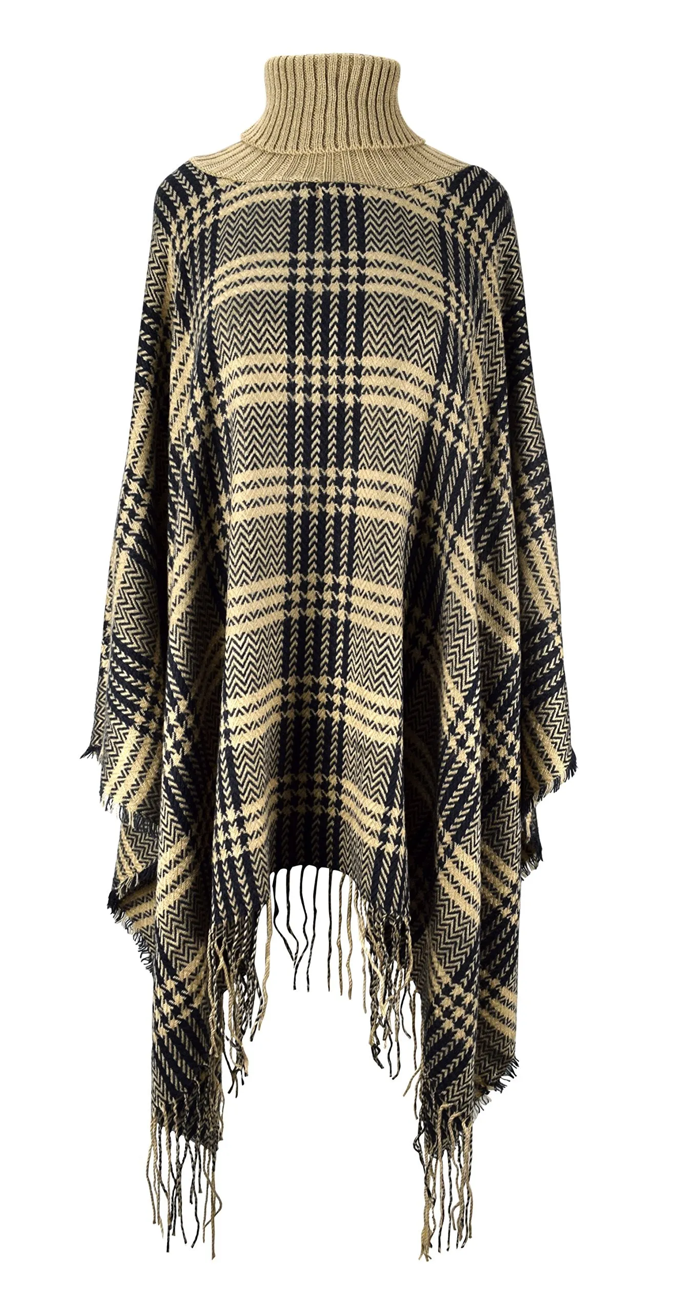 Turtle Neck Checkered Winter Poncho Sweater Pullovers With Fringes