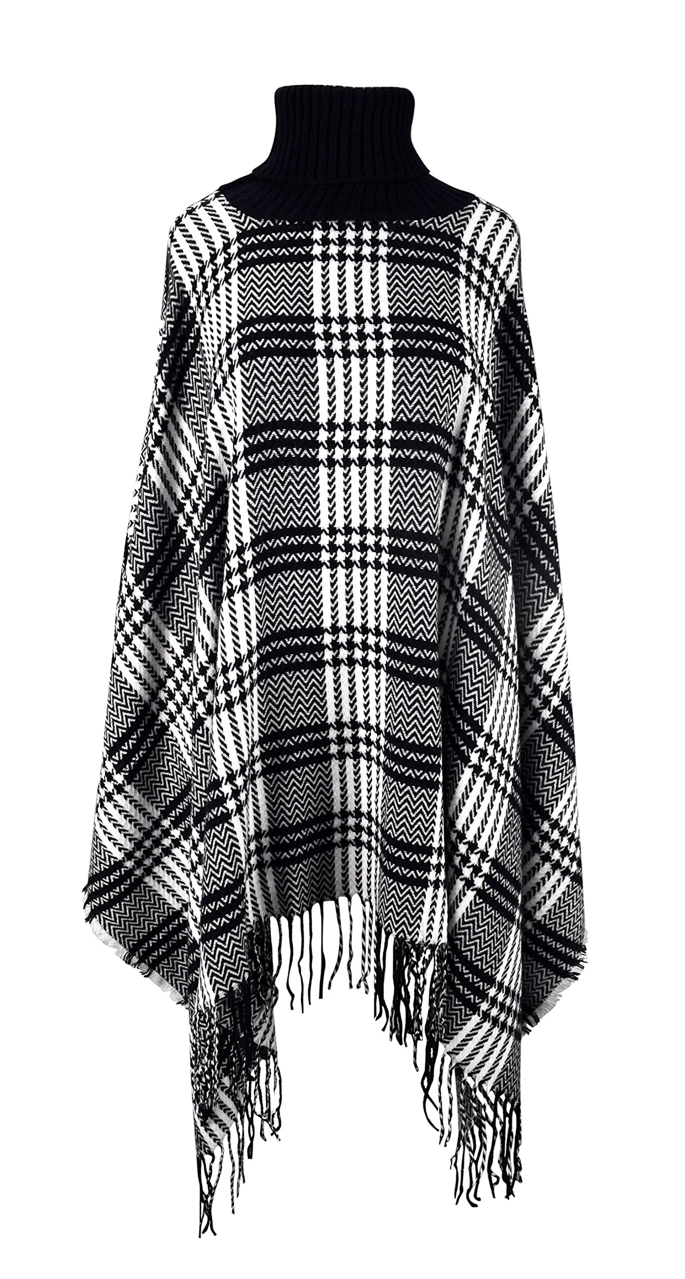 Turtle Neck Checkered Winter Poncho Sweater Pullovers With Fringes