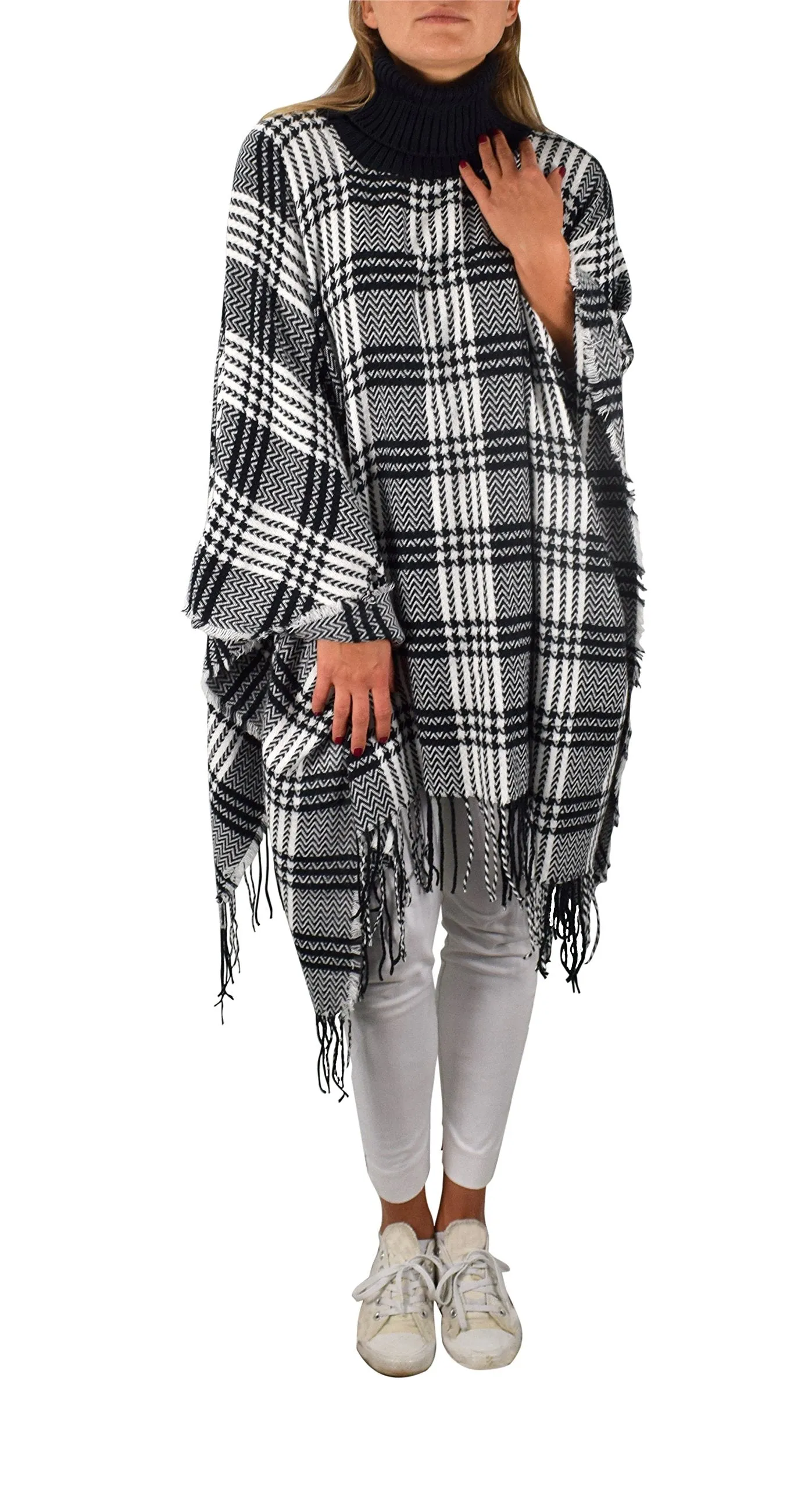 Turtle Neck Checkered Winter Poncho Sweater Pullovers With Fringes