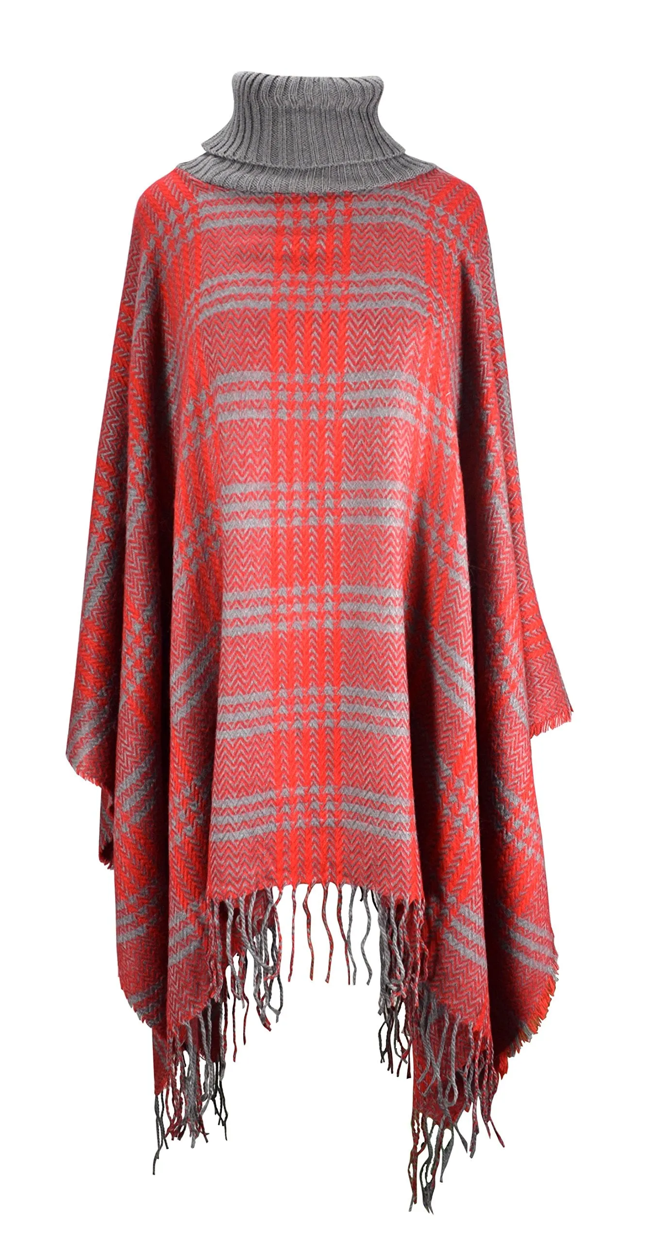 Turtle Neck Checkered Winter Poncho Sweater Pullovers With Fringes