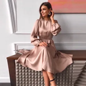 VenusFox Women Solid Satin Casual Loose Dress O Neck Lantern Sleeve Sashes High Waist Elegant Mid Dress 2021 Spring New Women Party Dress