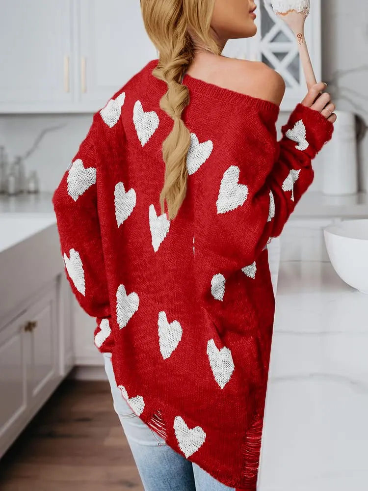 Women Off Shoulder Long Sleeves Casual Tops Hearts Printed Pullovers Sweater