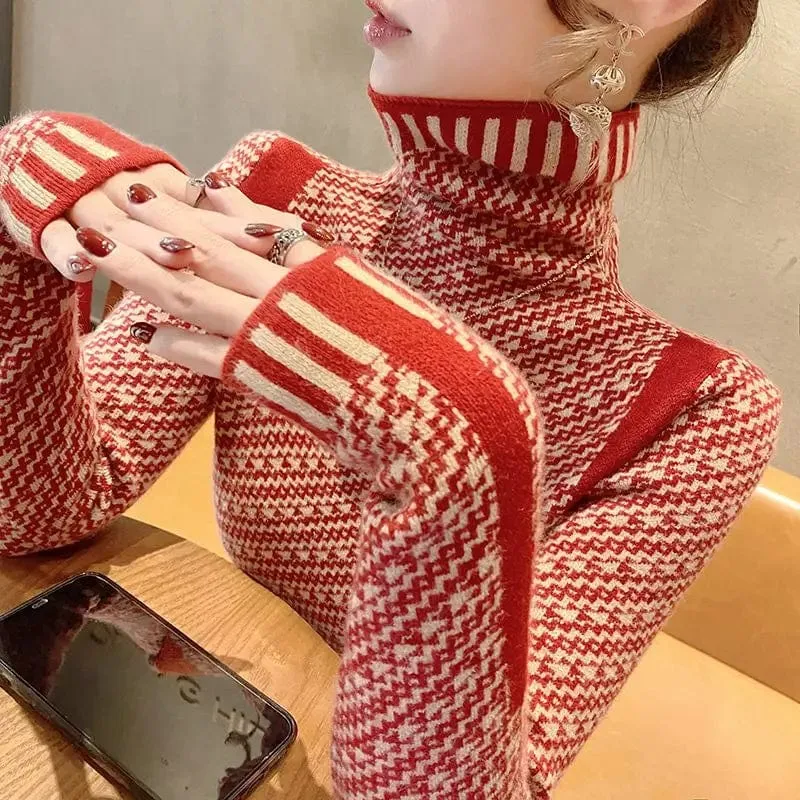 Women's Elegant Striped Slim Fit Sweater – Casual Mock Neck Pullover for Office & Chic Style