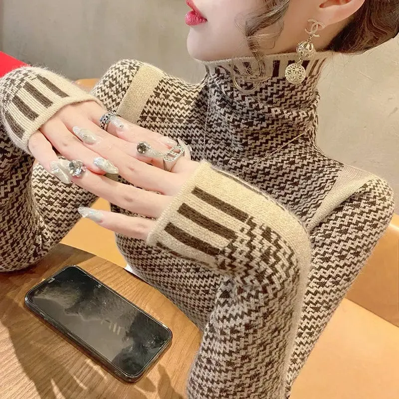 Women's Elegant Striped Slim Fit Sweater – Casual Mock Neck Pullover for Office & Chic Style